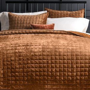 Rust Orange Soft Quilted Squares Velvet Bedding Set Queen Size Bed Quilt & Shams